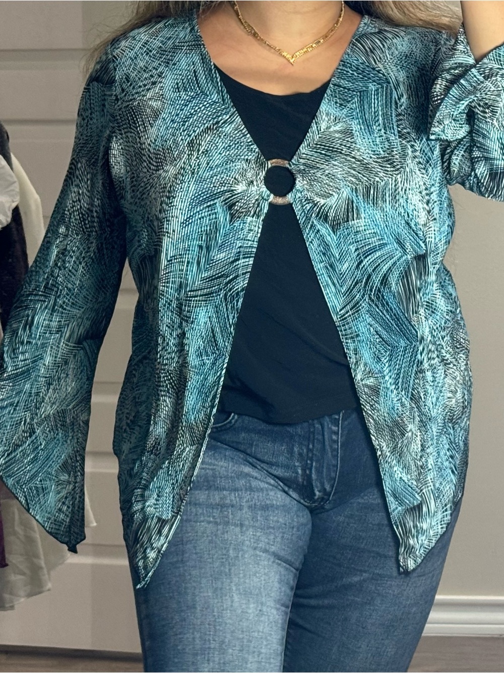 dressbarn Blue Black Patterned Swirl Boho Whimsigoth Women’s XL Long Sleeve